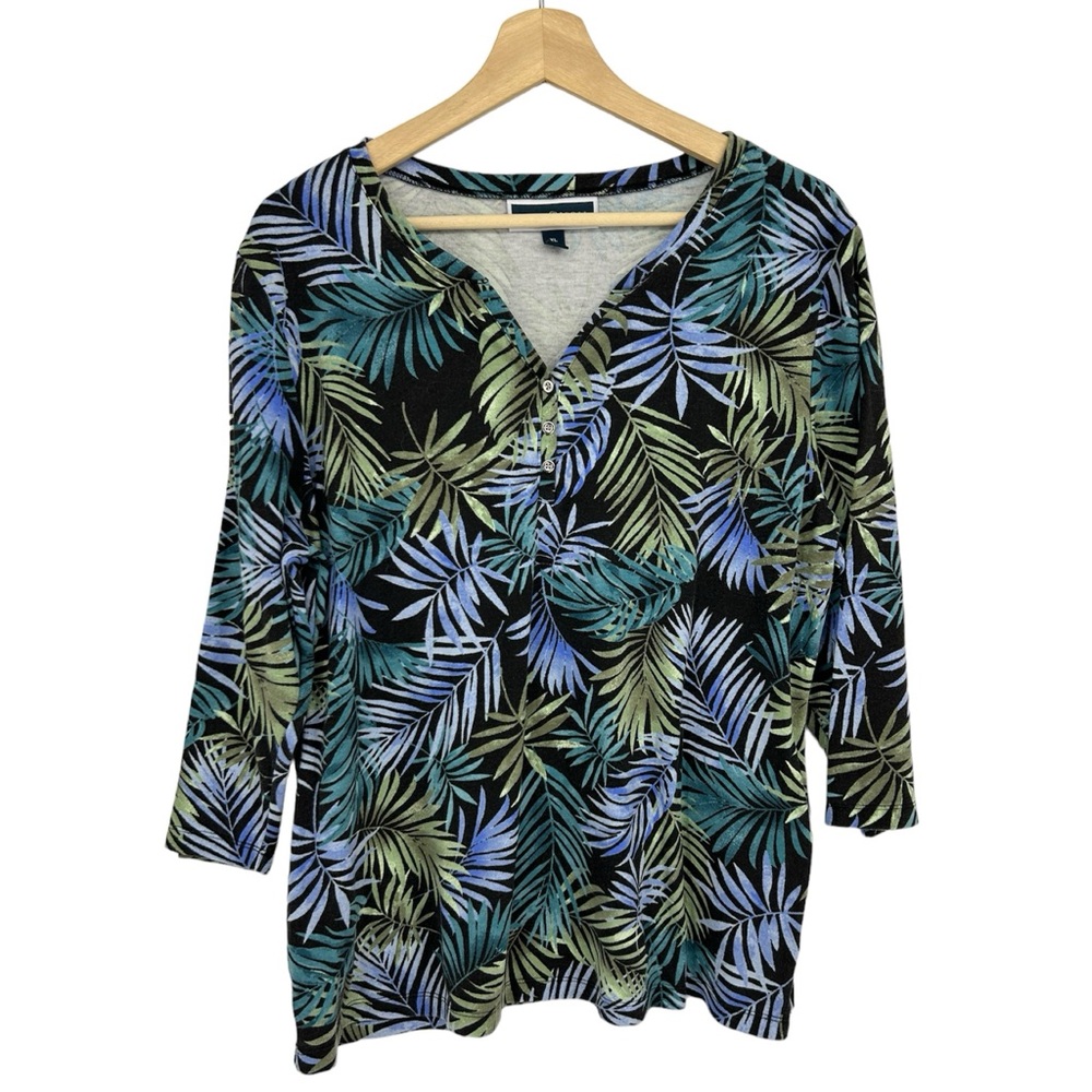 Karen Scott Green Black Jungle Print 3/4 Sleeve Top